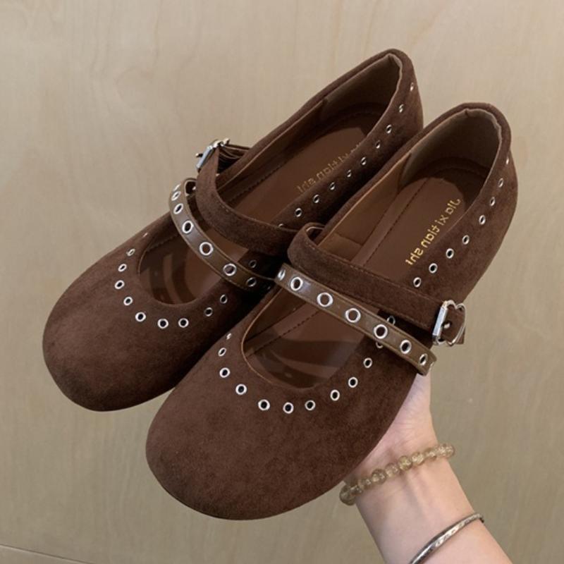 Fashion Comfort Faux Suede Flat Mary Jane Shoes Women Fashion Rivet Belt Buckle Brand Designer Shoes High Quality Soft Sole Casual Shoes