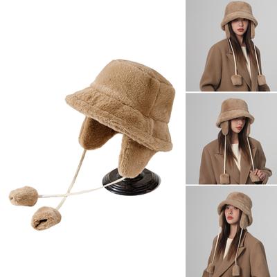 Plush Bucket Hat with Detachable Earflap for Woman Teens Outdoor Commute Windproof Fisherman Hat Winter Keep Warm Hat