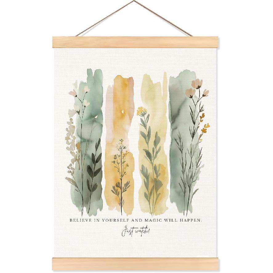 ROXMART Believe In Yourself Boho Floral pirational Poster Hanger Frame, Positive Affirmations Wall Decor, Motivational Wildflower Wall Art Prints Green, Yellow, Orange