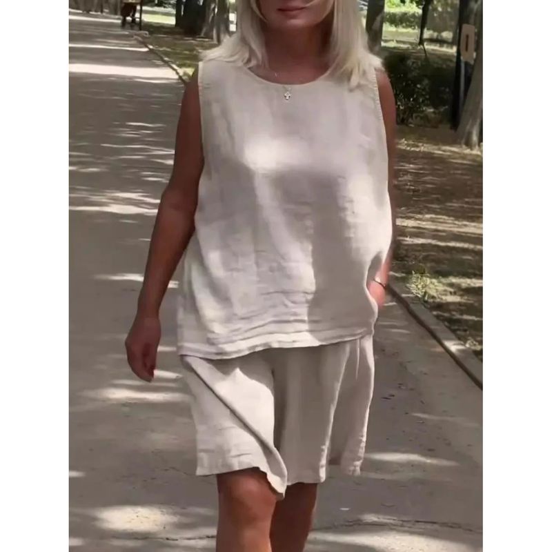 

round Neck Neck Sleeveless Loose Shorts Suit Khaki 4XL