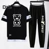 2Pcs/Set Men Casual Sportwear O-Neck Short Sleeve Bear Pattern T-shirt Elastic Waist Sweatpants Set Loose Fit Sports Wear
