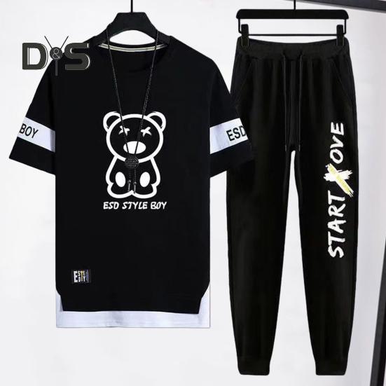 2Pcs/Set Men Casual Sportwear O-Neck Short Sleeve Bear Pattern T-shirt Elastic Waist Sweatpants Set Loose Fit Sports Wear
