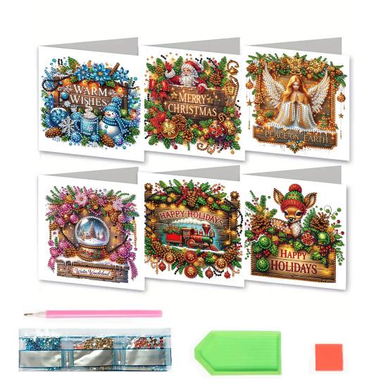 6 Pcs DIY Rhinestone Art Painting Cards Christmas Greeting Card Making Kit with Envelopes 5D Snowman Cat Deer Rhinestone
