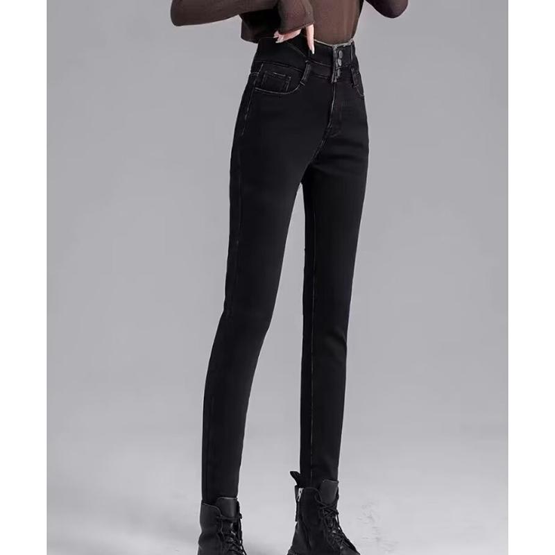 Fashion New Black Velvet Jeans Women Autumn and Winter High Waist Slim Fit Tight Plush Denim Pencil Pants Women Vintage Casual Jeans Trousers 25294