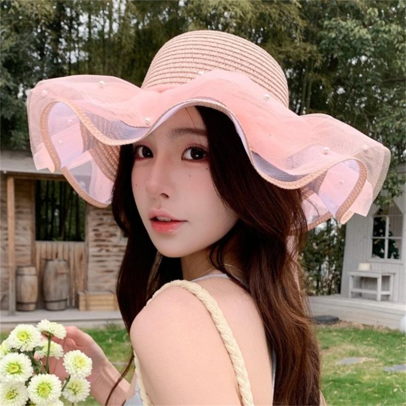 Elegant Sun Hat For Women Paper Straw Breathable And Foldable Lace Bowknot Wide Brims Panama Hat for Camping Travel
