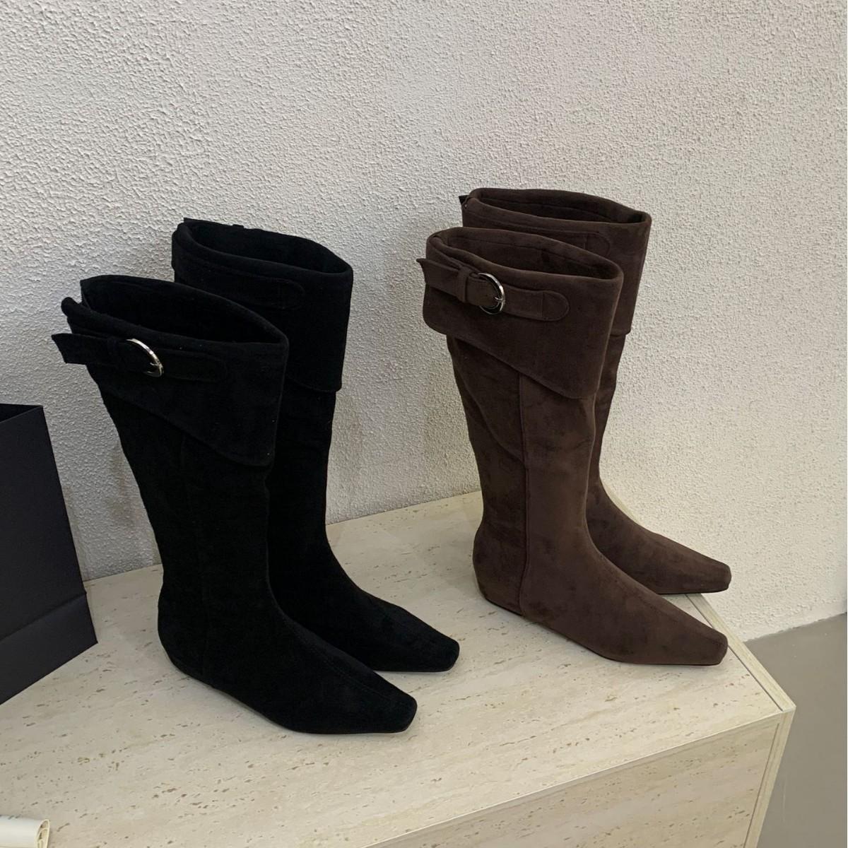 

2025 new suede tall Spice Girl belt buckle with sloping heels but knee skinny knight women s boots 39 чёрный