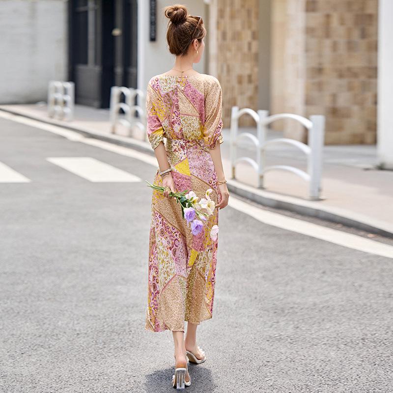 Floral dress summer belt fashion retro one-piece knee vacation long skirt