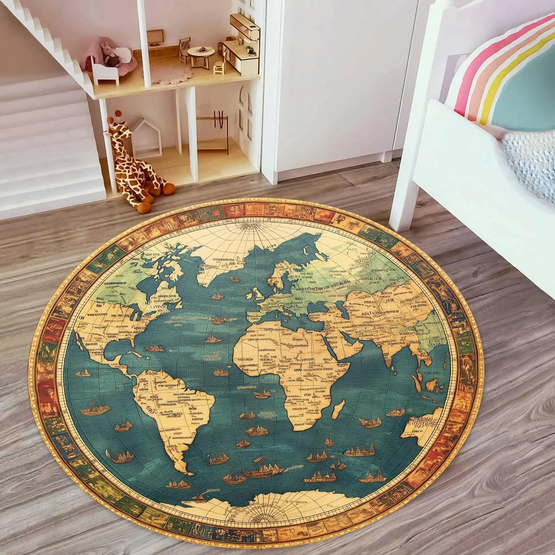 Vintage World Map Carpet World Patterned Rug Antique Color Rug Compass Round Rug Compass World Map Compass Round Carpet 80cmx80cm