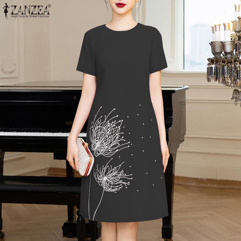 ZANZEA Women Summer Round Neck Casual Short Sleeve Print Dress