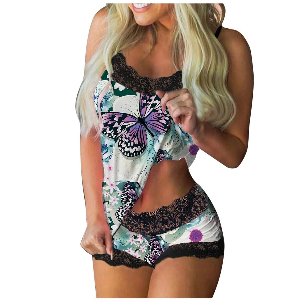 Women Print Pajamas Sleeveless Lace Cami Shorts Lingerie Sleepwear Set