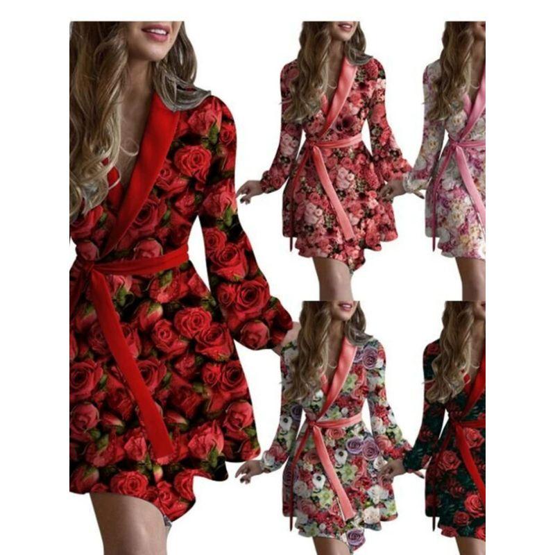 

Модный стиль Amazon Независимая станция Трансграничный Осенний Новый Принт Розы Отложной воротник Длинный рукав Платье Тренд Water pink S