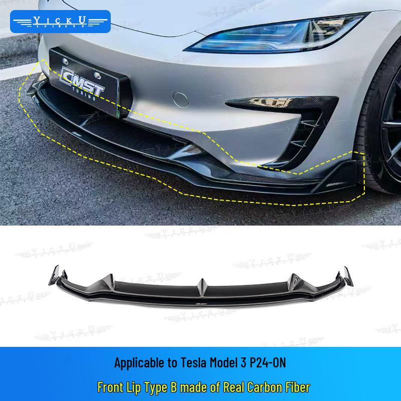 Upgrade your Tesla Model 3 P with CMST carbon fiber front lip with lights, rear lip, air intakes, and side skirts.