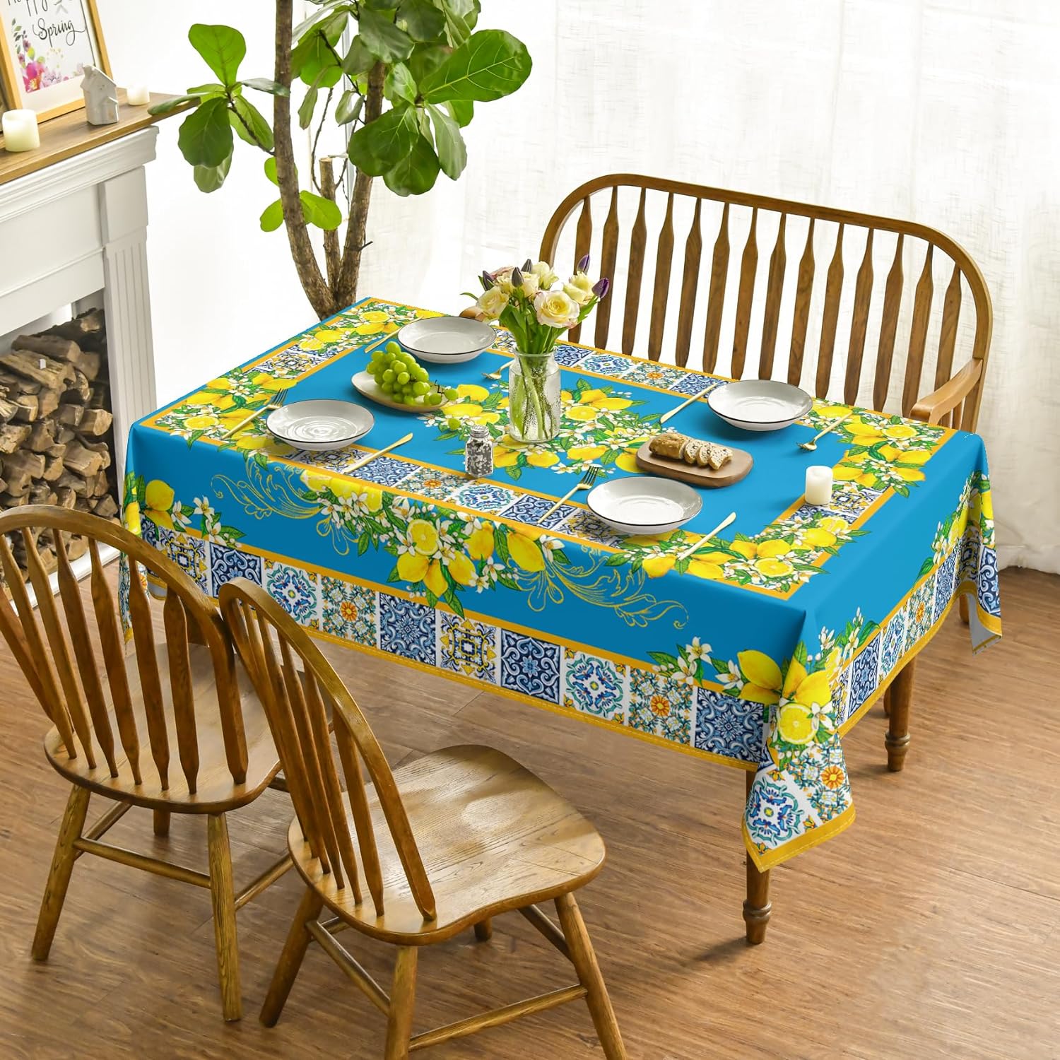 Zomer Blauw Geel Citroen Vintage Patroon Waterdichte Tafelkleden Rechthoekige Tafelhoes Bruiloft Feest Picknick Eettafel Decoratie 140x140cm