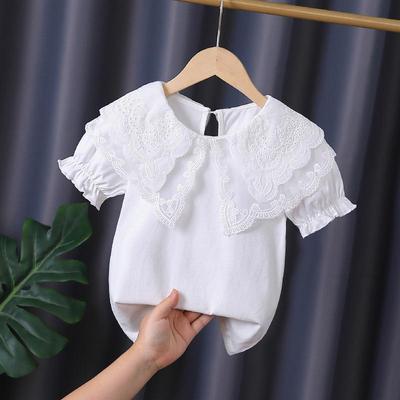 Premium Girls' White Lace Collar Cotton T-shirt - Summer Short Sleeve for Children