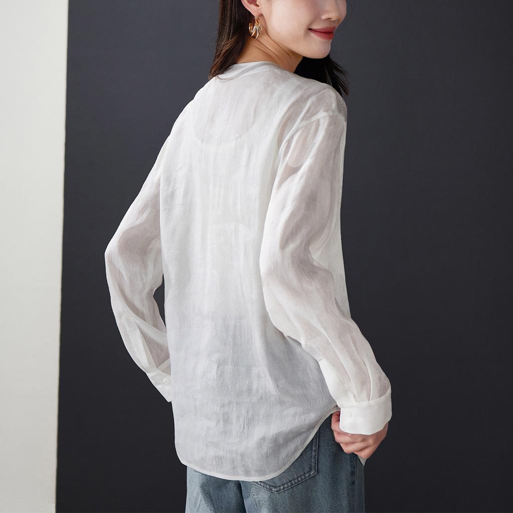 Women's 2026 Spring Fashion Versatile Commuter Shirt with Linen Mulberry Silk V-neck Long sleeved Shirt