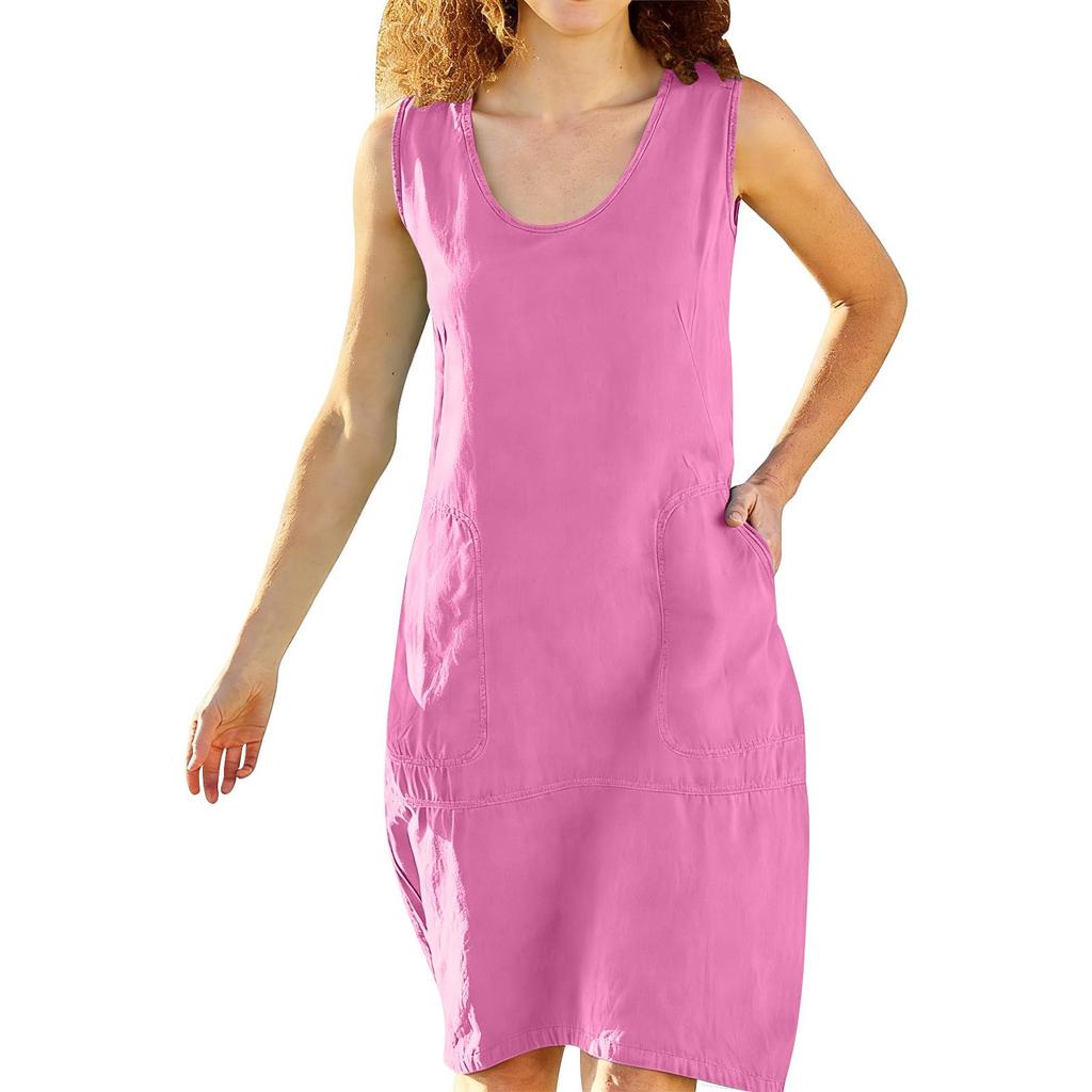 Womens Fashionable Loose-Fit Sleeveless Cotton-Linen -Color Dress With Pockets
