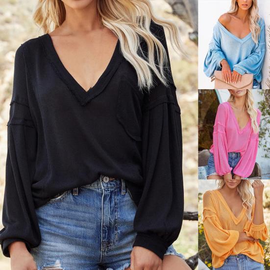 

Женская блузка вязаная с V-образным вырезом, осенняя однотонная вязаная блузка с рукавом-фонариком