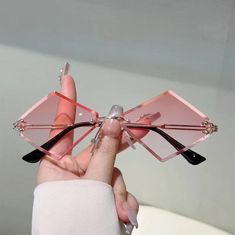 y2k Rimless Irregular Rhombus Sunglasses Women For Men Vintage Sun Glasses Luxury Brand Designer Punk Popular Hip Hop Pink Shade