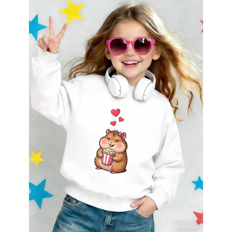 Cute Cartoon Mouse Print Pattern 0-3 Years Girls' Comfortable Spring Lightweight Crew Neck Sweatshirt, Adorable Design Suitable for Outdoor Wear