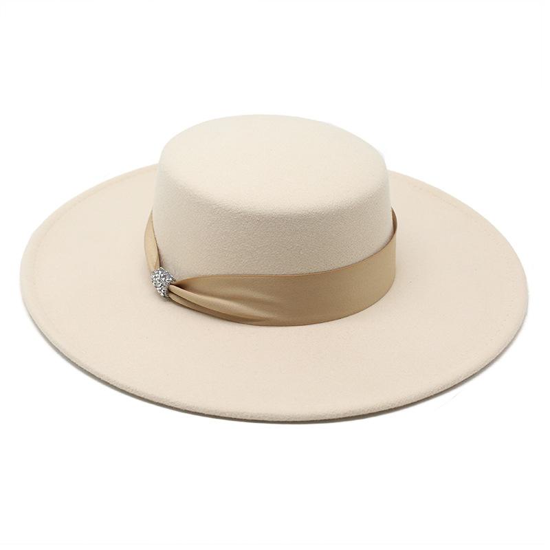 Flat Top Top Hat Female British Versatile Retro Beige Woolen Black White Felt Hat 10Cm