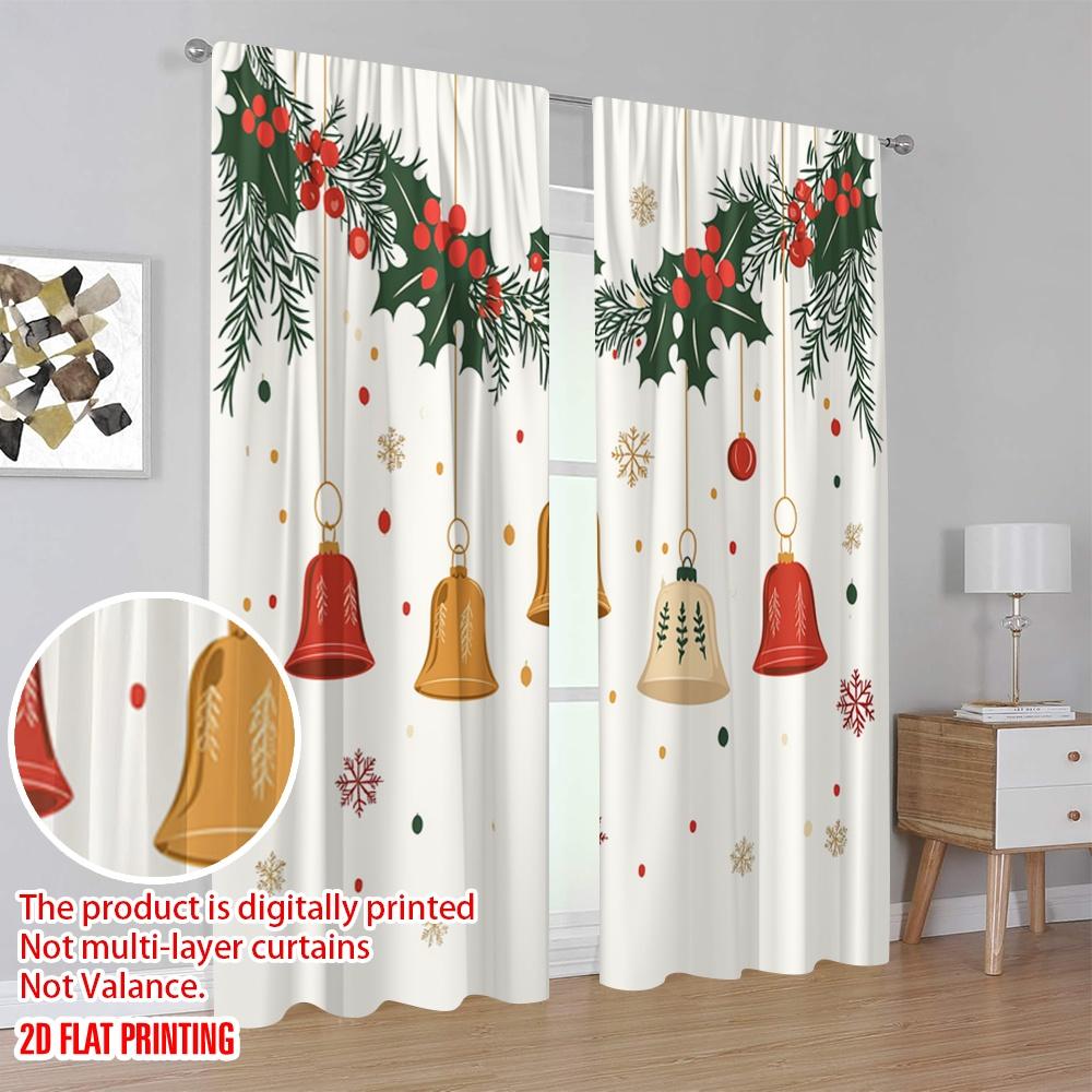 2 Stück, 2D-Flachdruck Vorhänge Digital bedruckte Weihnachtsglocken Stechpalmenbeeren (4) Polyester gewebt (ohne Stange) Festliches Ideal