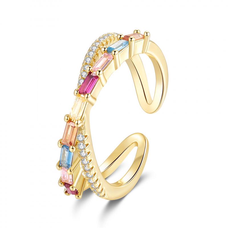 European & American Fashionable Double Row Rhinestone Zirconia Adjustable Ring for Women - Celebrity Style Finger Jewelry Adjustable золотой