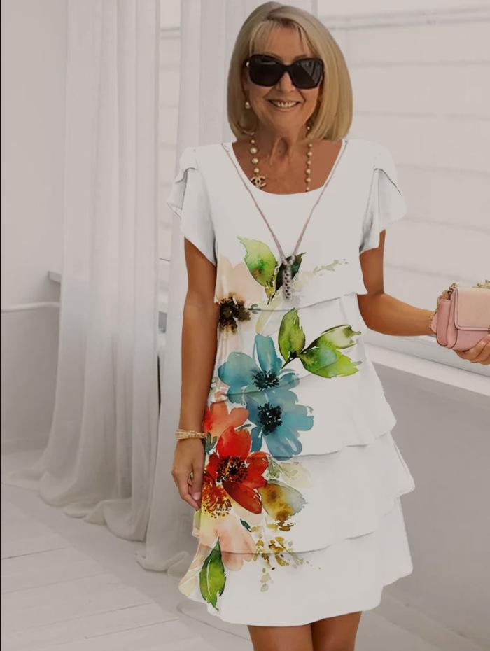 2025 Summer Women's Short Sleeve Tiered Chiffon Dress - European & American Style