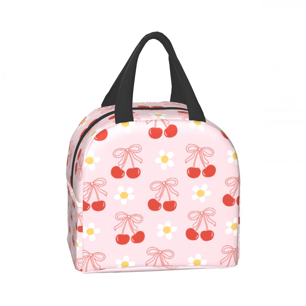 Cherry bow flowers Lunch Bag Waterproof Insulated Canvas Cooler Bag Thermal Cold Food Picnic Travel Tote for Women Children