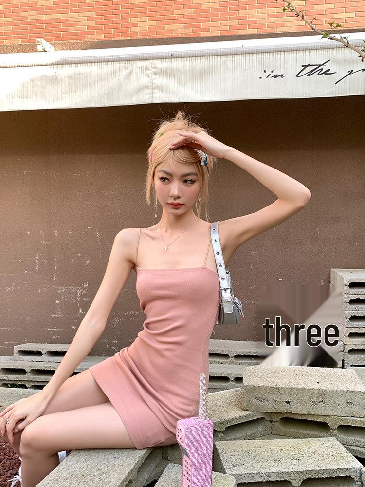Pink Spicy Chic French Spaghetti Strap Dress - Women's Elegant Slim Fit