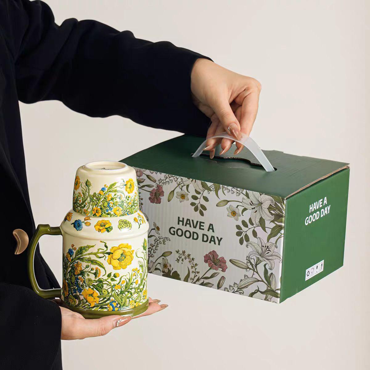 

French Half-Summer Flower Blooming Mug With Lid Ceramic Kettle Tea Cup Office Retro Exquisite Cup Souvenir 650ml