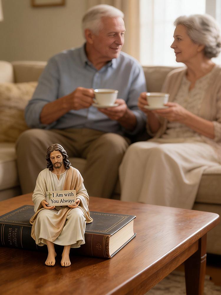 Unique Resin Material Jesus Resin Figurine Sitting Pose I Am with You Always Sign Jesus Christ Statue Desk Companion Home Decor
