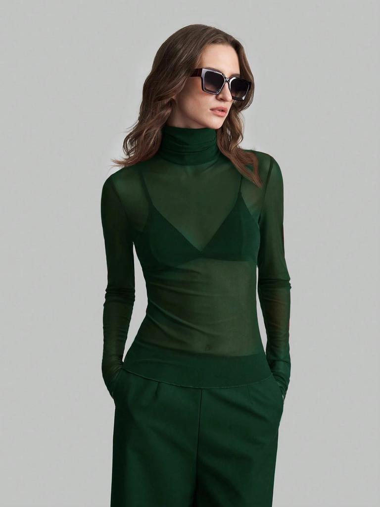 Women Solid Mesh Stand Collar Top Long Sleeve Slim Commute Wear Autumn Winter