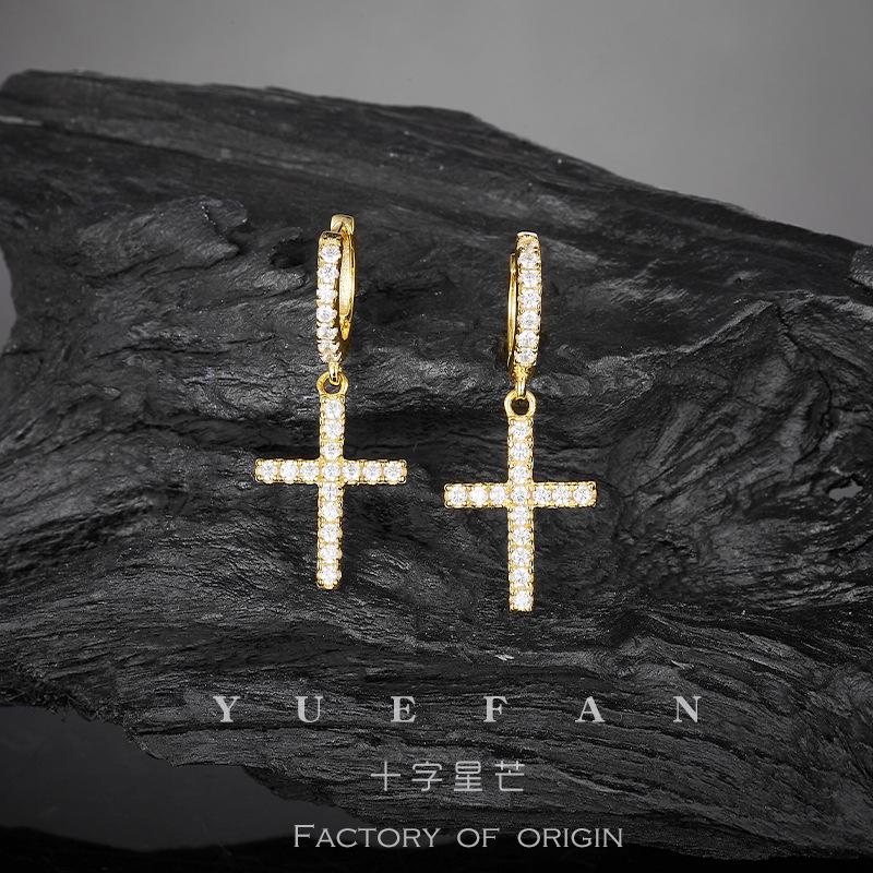 Cross Dangle Earrings: Moissanite, Gold-Plated Sterling Silver, Unisex Trendy Hip Hop Style