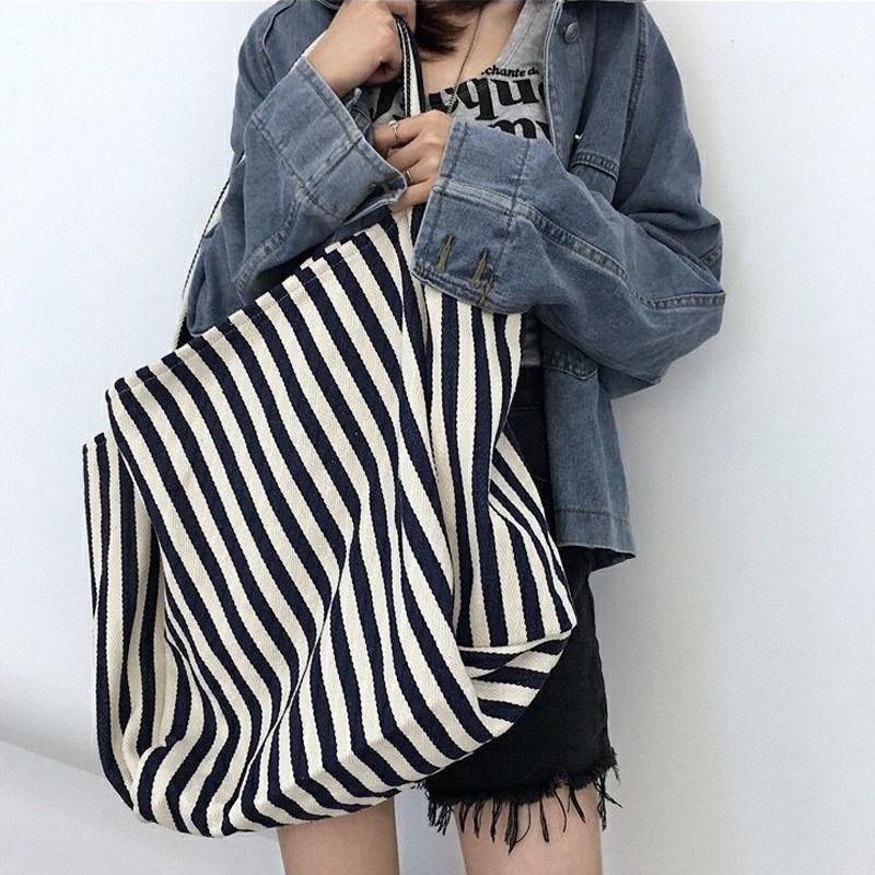 Borsa a Shopper da Donna in Tela di Grande Capacità Semplice Borsa a Spalla a Strisce Borsa a Mano con Manico Superiore Femminile Casual Multifunzionale da Viaggio