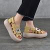 Johnature Retro Genuine Leather Flower Flat Platform Sandals Versatile Soft Soled Women's Shoes