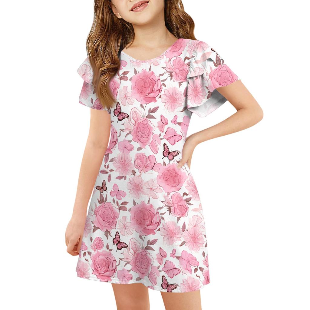 Girls' Ruffle Sleeve Dress - Round Neck Printed Sundress
