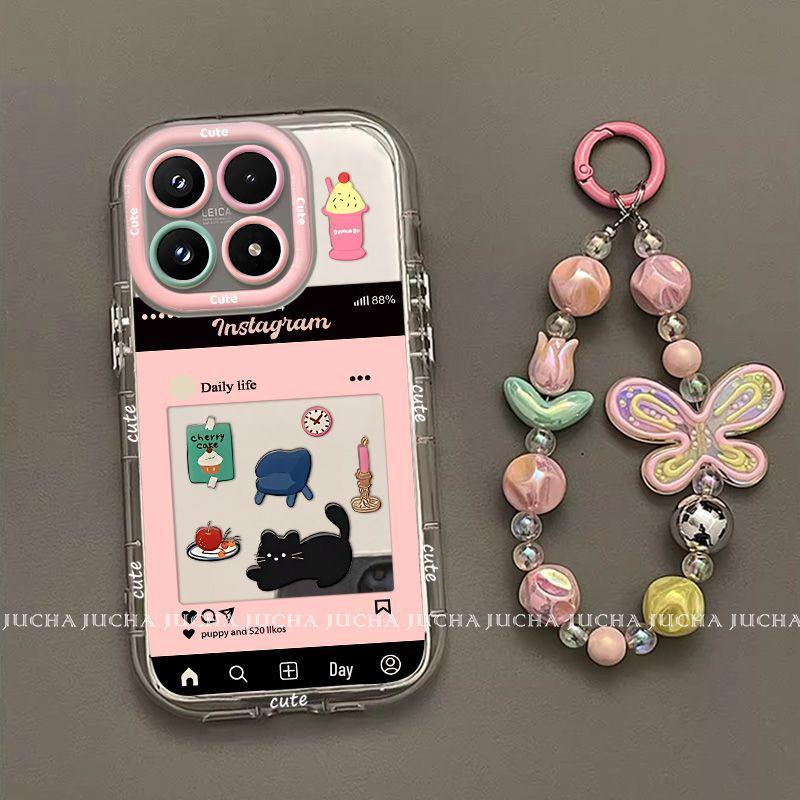 Xiaomi 17/17 Pro Full Coverage Anti-Fall Phone Case with Lanyard - Mirror Black Cat Design