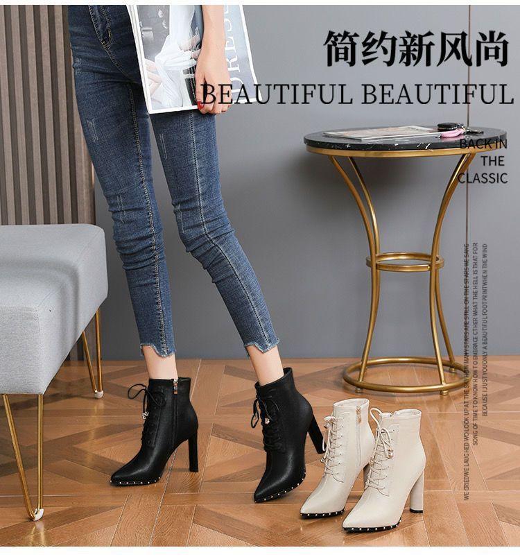 British lace-up pointed Martin boots new sexy French rivet thick heel high heels short boots women