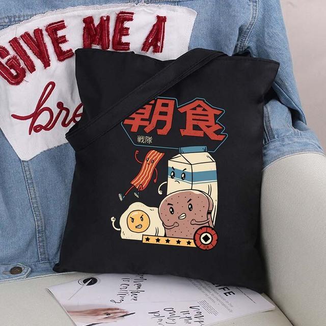 Women Shopping Bags Cute Cartoons Pattern Series Eco Shopper Shoulder Bag Fashion Black Printing Folding Handbag Canvas Tote Bag