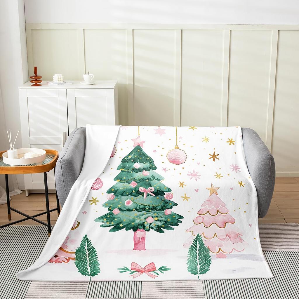Gingerbread Xmas Flannel Blanket Blue Christmas Tree Candy Throw Blanket Western New Year Theme Cozy Throws for Bed Couch Sofa