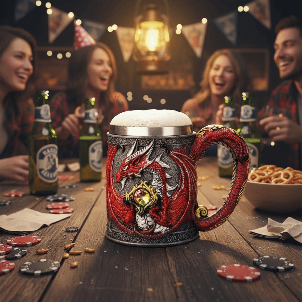 304 Stainless Steel Inner Gothic Flying Dragon Beer Stein Insulated Drinking Cup Vintage