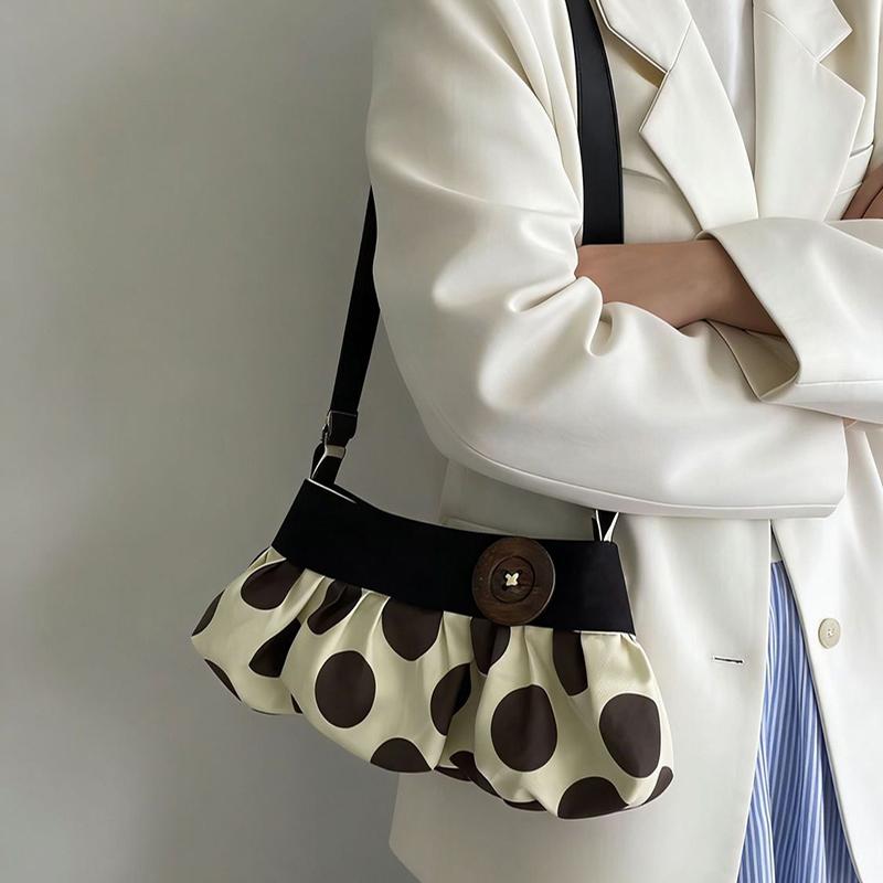 Korean Style Polka Dot Crossbody Bag For Women Large Capacity Ruched Hobo Bag With Wooden Button Decor Casual Soft Shoulder Bag