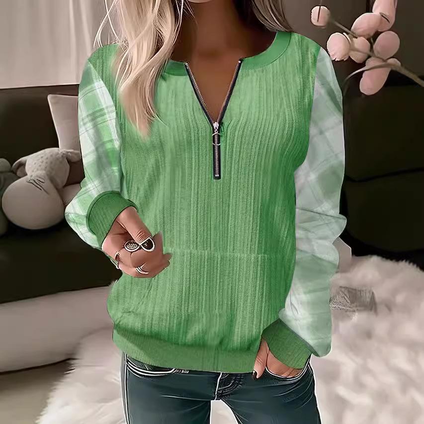 Autumn and Winter Women's Plus Size Long Sleeve Pullover Printed V-Neck Zip Top
