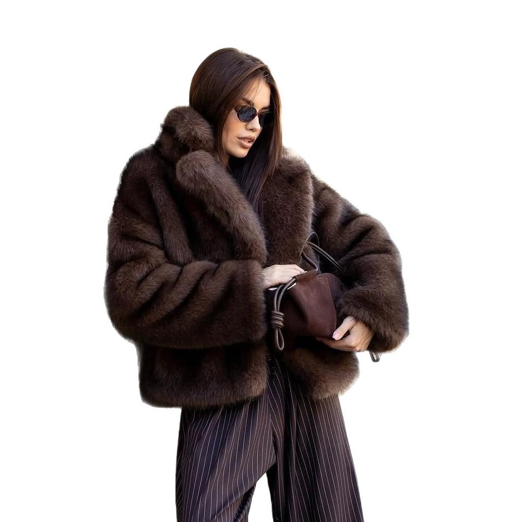 Russian women's brown imitation fox fur coat winter warm fashion artificial fur coat
