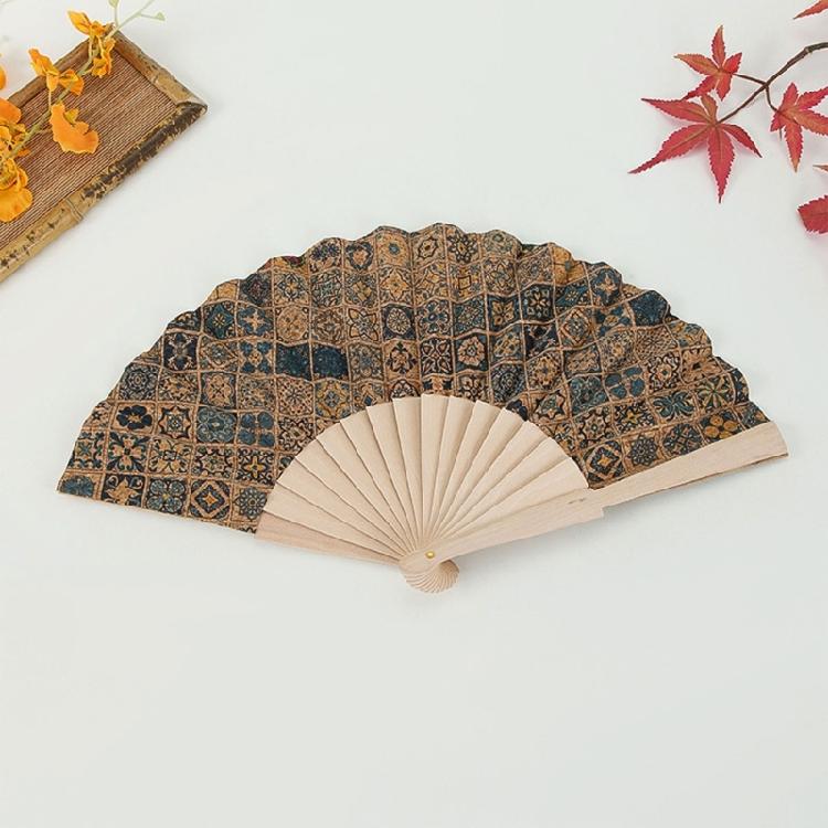 Ethnic Styles Vintage Colorful Checkered Pattern Folding Fan Wood Handheld Fan for Home and Office Decoration Ornament