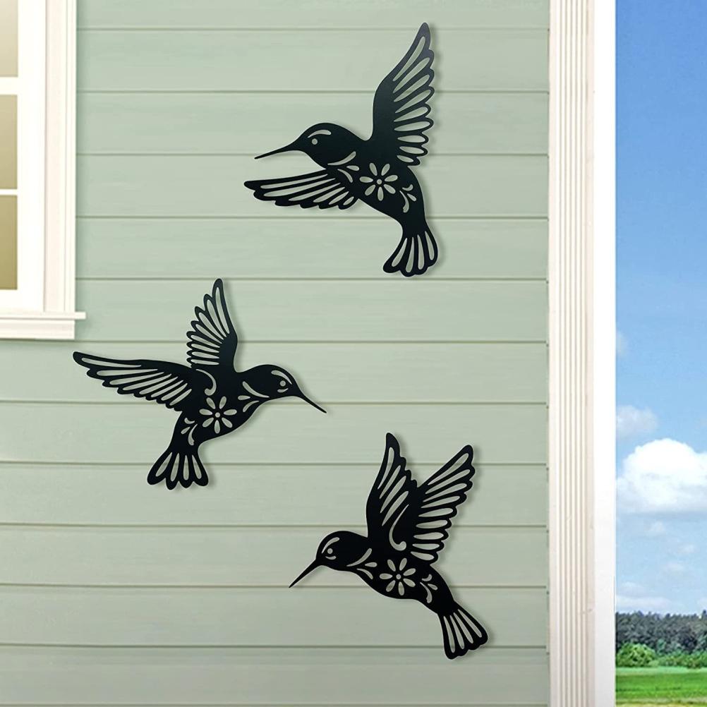 3 Pieces Metal Hummingbird Wall Art Decoration Hollow Out Iron Bird Sculpture Waterproof Wall Hanging Figurines for