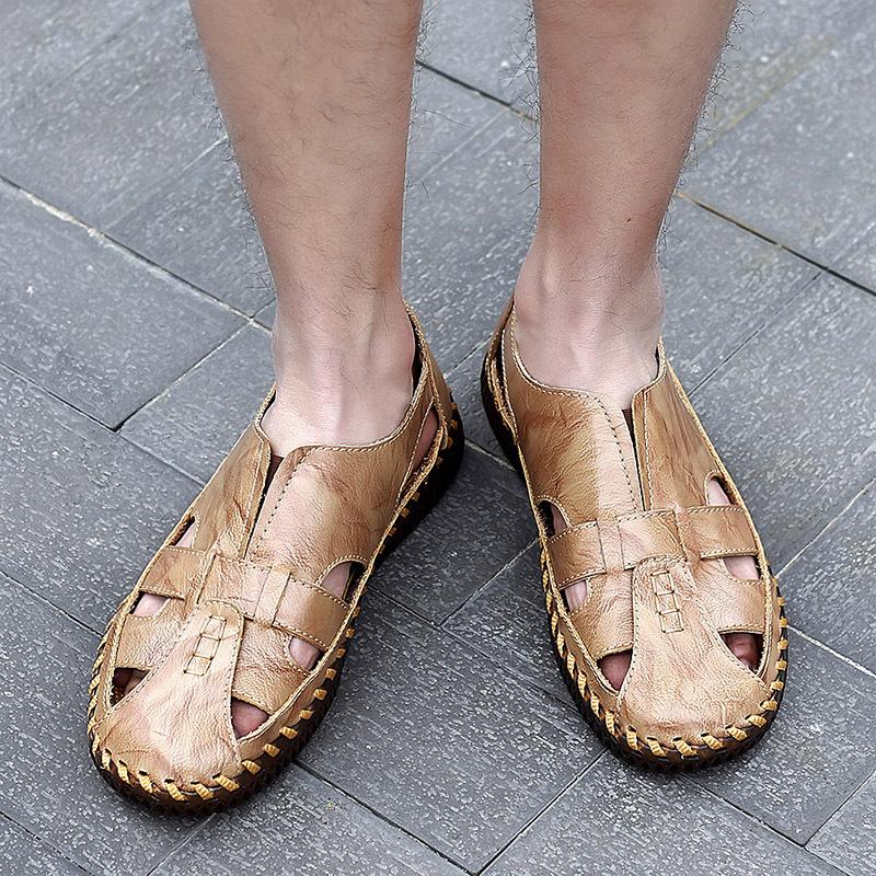 Men's Sandals New Summer Non-Slip Wear-Resistant Beach Leather Sandals Outdoor Casual Leather Driving Slippers