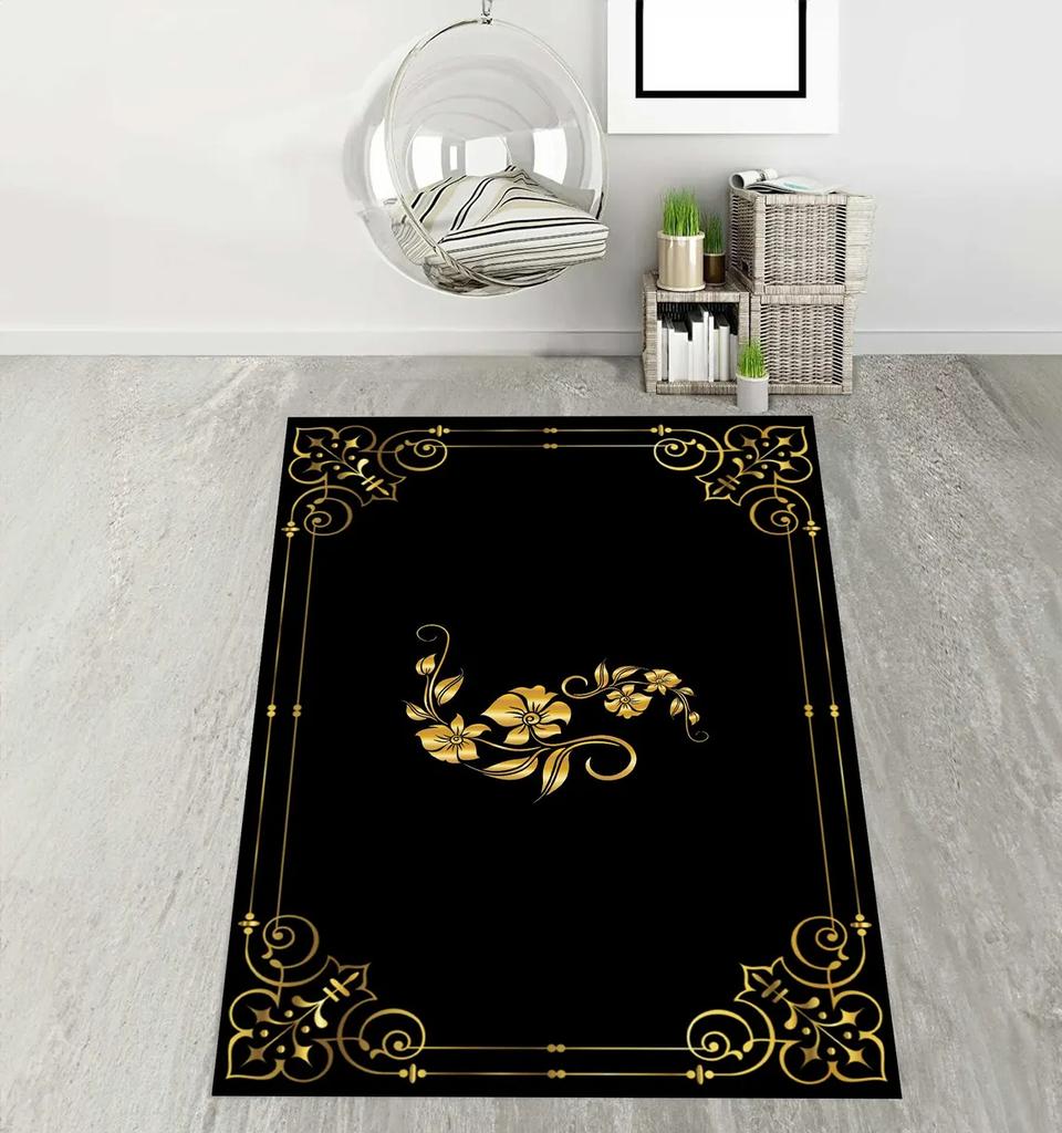 Black and Gold Greek Motif Rug Marble Pattern Carpet Anti-slip Floor Mat Suitable for Living Room Bedroom and Home Decoration