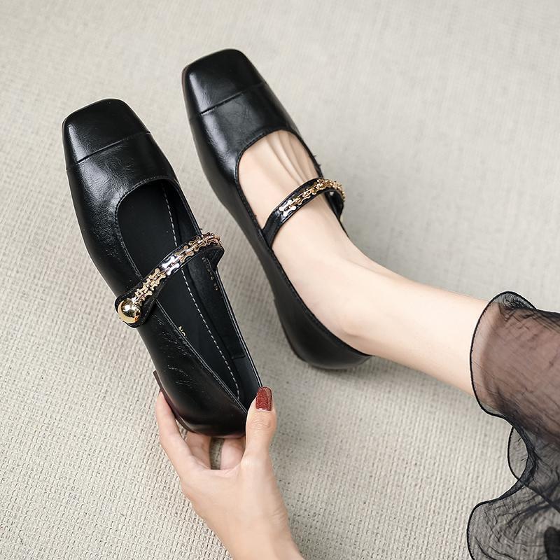 Französische Damen-Ballerinas mit Ein-Wort-Schnalle, Frühling und Herbst 2025 neu, Kette, flacher Ausschnitt, eckige Spitze, Retro Mary Jane Damenschuhe