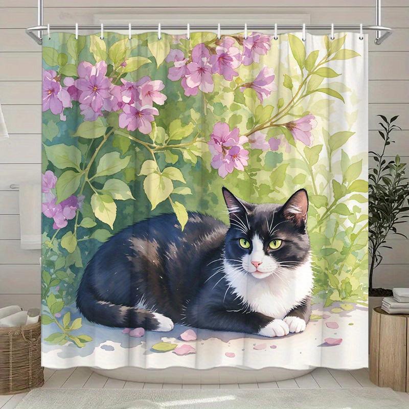 Cute Black And White Cat In Flower Garden Shower Curtain Waterproof Easy To Clean Privacy Protection Print Nature Art Design